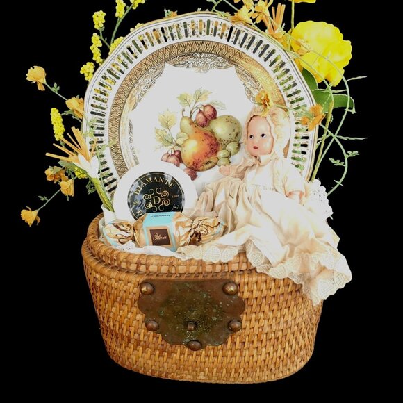 Gift Basket Baby Shower Vintage Antique Gift Shabby Chic Decor Baby Girl - Picture 3 of 12